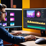 **Image Prompt:** A vibrant workspace showcasing a Media Technology professional editing a video on Adobe Premiere. The scene includes multiple monitors displaying data analytics dashboards and live streaming platforms. The overall aesthetic is modern and tech-focused, incorporating elements of Artificial Intelligence and Virtual Reality.