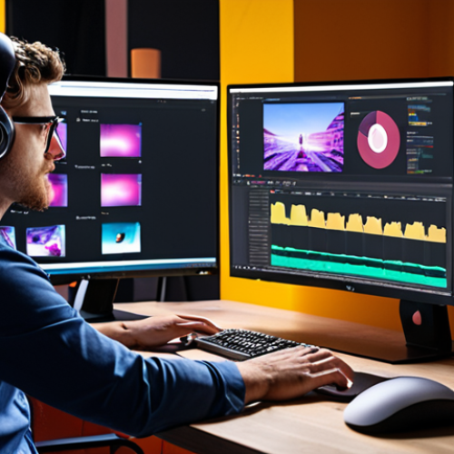 Home 6 **Image Prompt:** A vibrant workspace showcasing a Media Technology professional editing a video on Adobe Premiere. The scene includes multiple monitors displaying data analytics dashboards and live streaming platforms. The overall aesthetic is modern and tech-focused, incorporating elements of Artificial Intelligence and Virtual Reality.