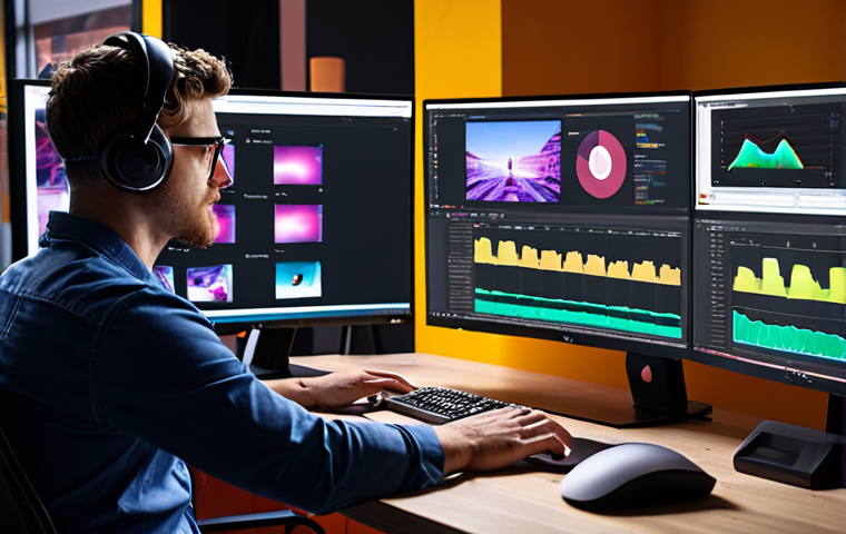**Image Prompt:** A vibrant workspace showcasing a Media Technology professional editing a video on Adobe Premiere. The scene includes multiple monitors displaying data analytics dashboards and live streaming platforms. The overall aesthetic is modern and tech-focused, incorporating elements of Artificial Intelligence and Virtual Reality.