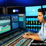 미디어기술사 실기 과목별 학습법 - **Subject:** A brightly lit, modern television studio control room during a live broadcast in Rio de...