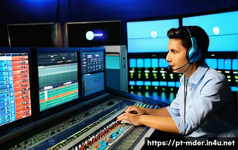 미디어기술사 실기 과목별 학습법 - **Subject:** A brightly lit, modern television studio control room during a live broadcast in Rio de...