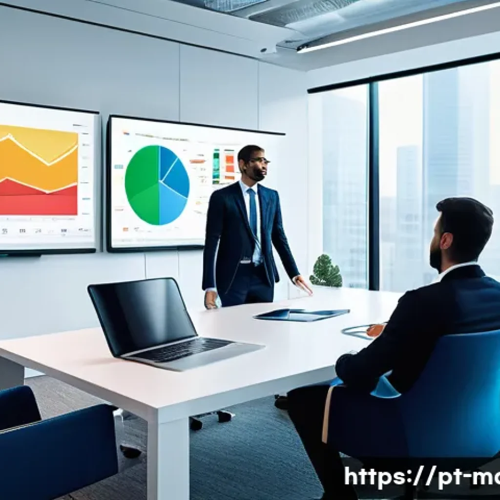 미디어기술사와 데이터 시각화 - A modern office setting with a diverse group of professionals gathered around a large digital screen...