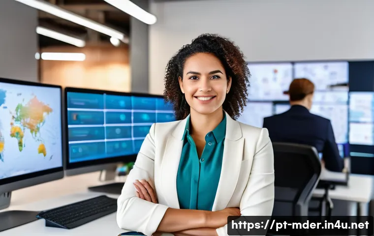 미디어기술사 자격증의 글로벌 활용성 - A professional, confident businesswoman of Brazilian descent in a modern coworking space, surrounded...