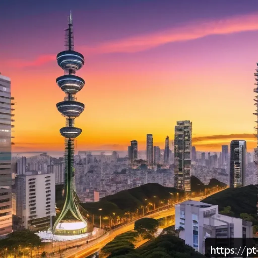 미디어기술사와 전파 관리 - A futuristic urban cityscape in Brazil at dusk, showcasing a dense network of digital broadcasting t...