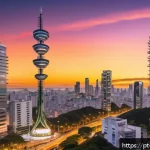 Home 19 미디어기술사와 전파 관리 - A futuristic urban cityscape in Brazil at dusk, showcasing a dense network of digital broadcasting t...