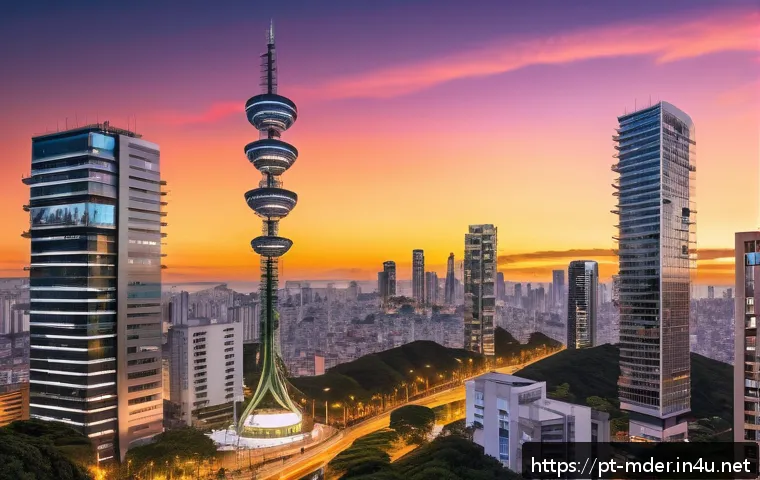 미디어기술사와 전파 관리 - A futuristic urban cityscape in Brazil at dusk, showcasing a dense network of digital broadcasting t...