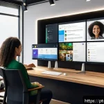 Home 18 미디어기술사와 프로젝트 관리 - A modern office scene showing a diverse Brazilian team collaborating remotely via multiple integrate...