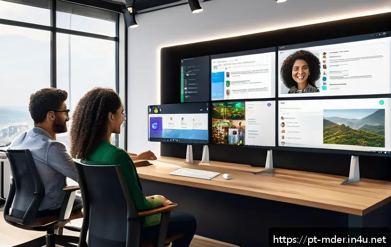 미디어기술사와 프로젝트 관리 - A modern office scene showing a diverse Brazilian team collaborating remotely via multiple integrate...