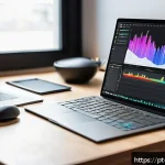 Home 23 미디어기술사 커리어 패스 - A modern digital media professional workspace featuring a sleek laptop displaying Adobe Photoshop an...