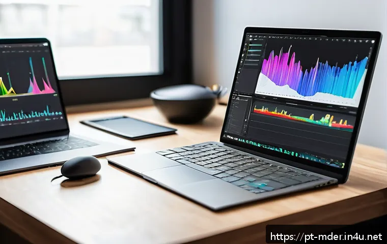 미디어기술사 커리어 패스 - A modern digital media professional workspace featuring a sleek laptop displaying Adobe Photoshop an...
